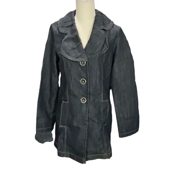 VTG Baccini Dark Blue Denim Jacket Wide Puckered Collar Button Front Size Small - Picture 1 of 5